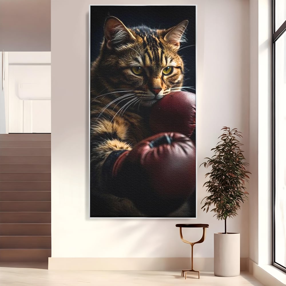 Tablou canvas cu tablou canvas cu motan boxer, in rama de aluminiu argintiu